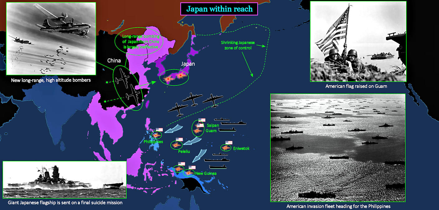 Guam, Philippines, China bombing, 1945 map